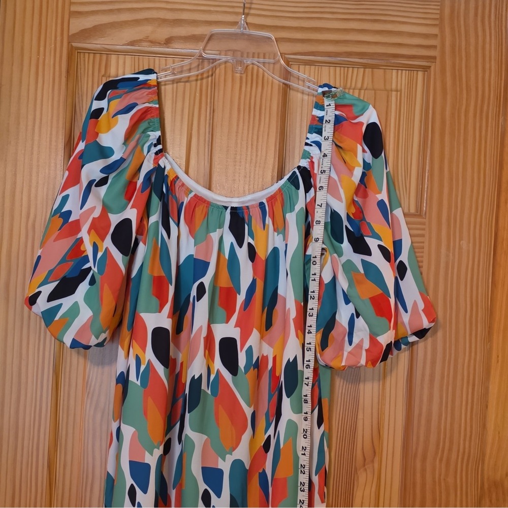 FORE Abstract Multicolor Square Neck Puff Sleeve Shift Short Dress Size L - Picture 2 of 6